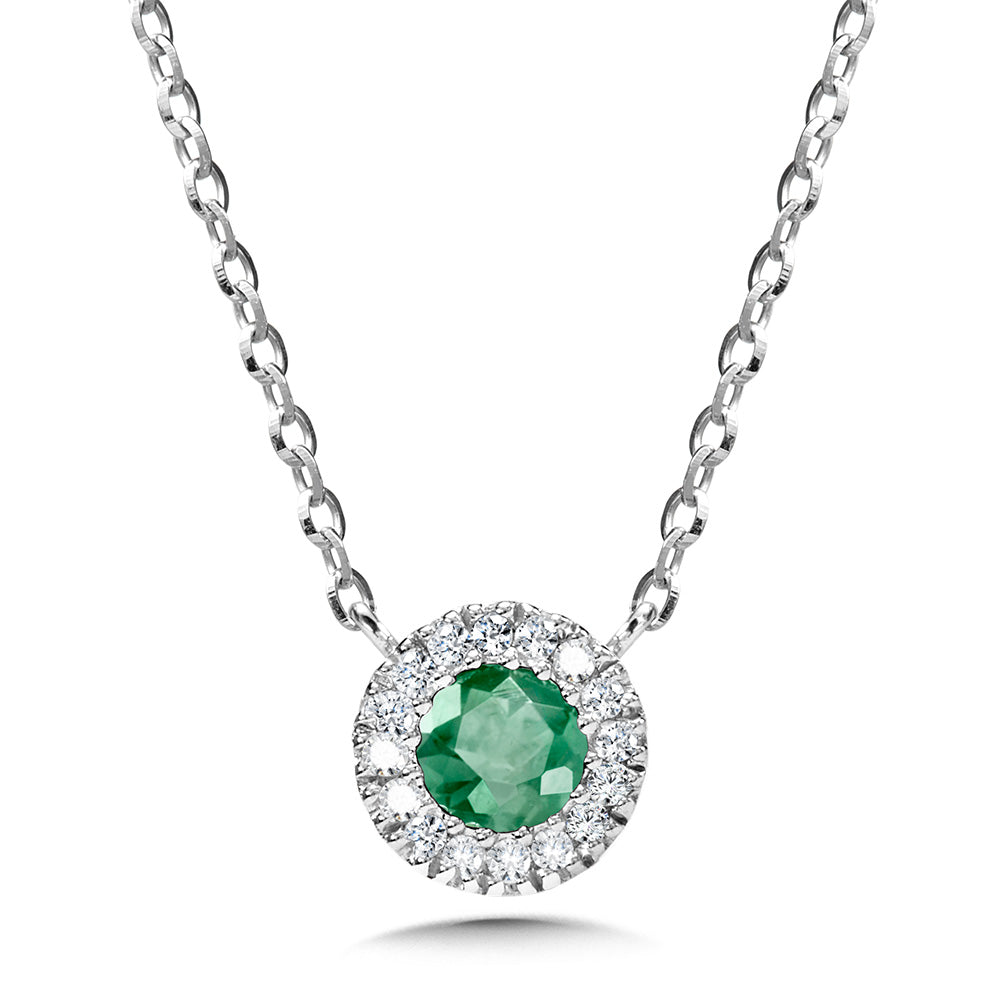 White Gold Round Halo Emerald Necklace - Colored Stone Necklace