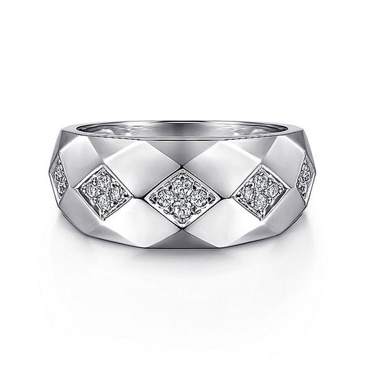 Gabriel & Co Silver Faceted Diamond Ring - Gents Silver Ring
