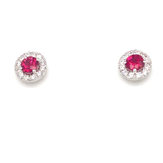 White Gold Ruby and Diamond Halo Earrings - Colored Stone Earrings