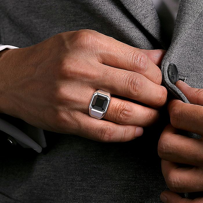 Gabriel & Co. Sterling Silver Wide Signet Ring with a Faceted Black Onyx