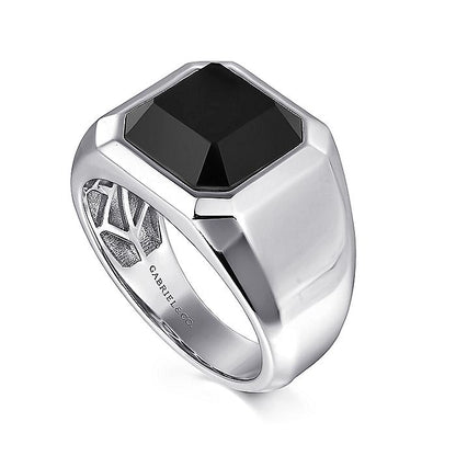 Gabriel & Co. Sterling Silver Wide Signet Ring with a Faceted Black Onyx