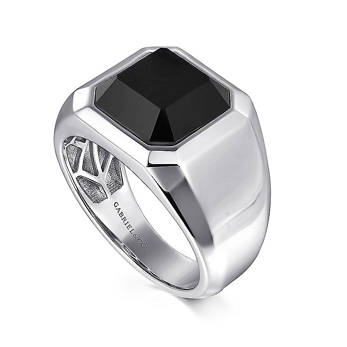Gabriel & Co. Sterling Silver Wide Signet Ring with a Faceted Black Onyx - Colored Stone Rings - Men's