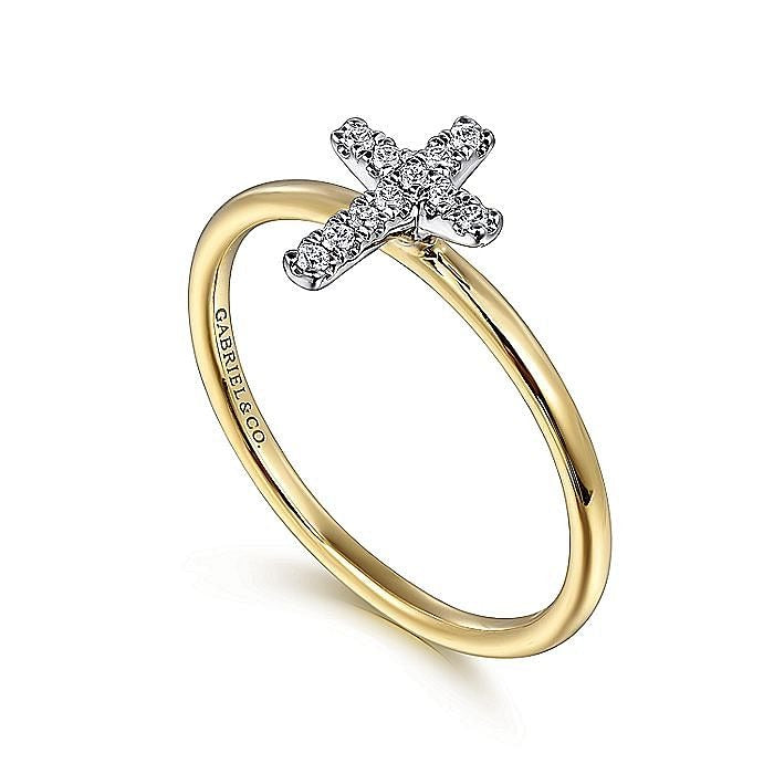 Gabriel & Co. Yellow and White Gold Diamond Cross Ring - Diamond Fashion Rings - Women's