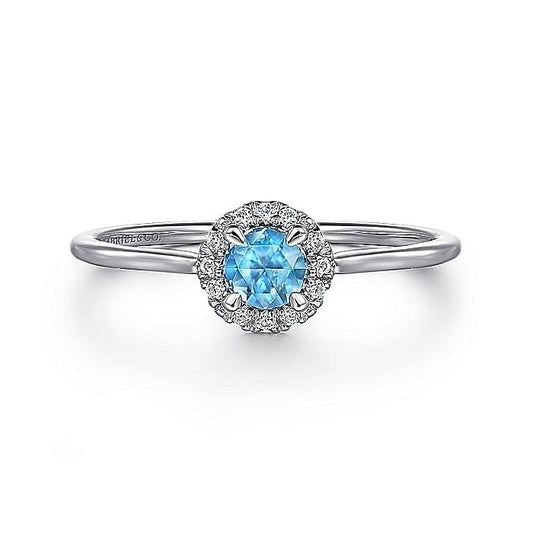 Gabriel & Co. White Gold Blue Topaz and Diamond Halo Ring