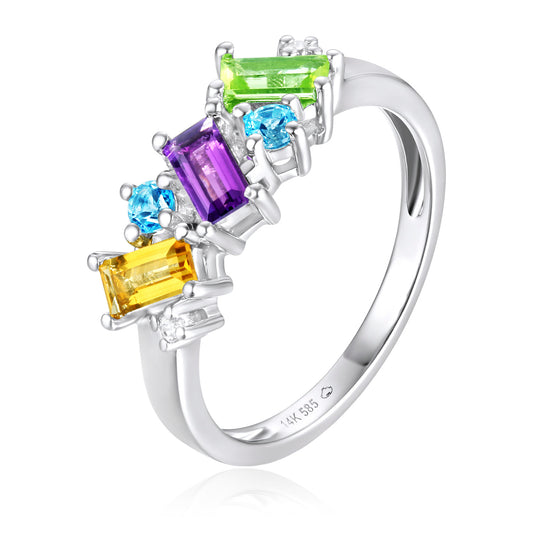 Luvente 14 Karat White Gold Scattered Gemstone Ring - Colored Stone Rings - Women's