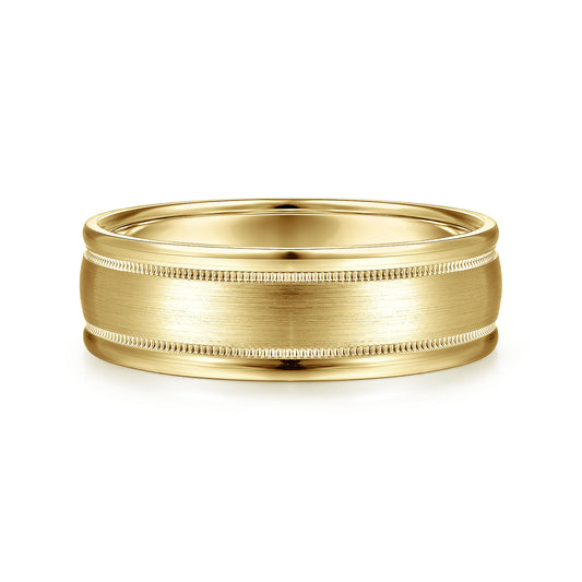 Gabriel & Co Yellow Gold Wedding Band With Satin Finished Center, Milgrain Trim And Satin Finished Edges - Gold Wedding Bands - Men's