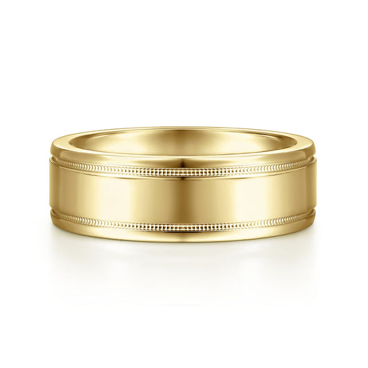 Gabriel & Co Yellow Gold Wedding Band With A Polished Center, Milgrain Trim And Polished Edges - Gold Wedding Bands - Men's