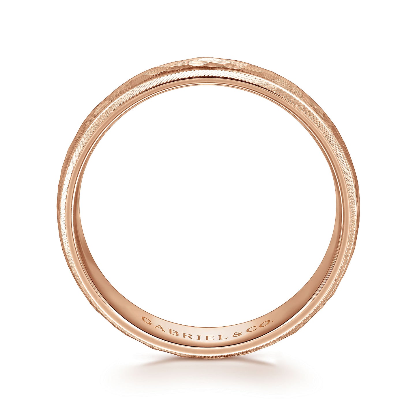 Gabriel & Co Rose Gold Wedding Band With A Hammered Finished Center And A Diamond Cut Edge - Gold Wedding Bands - Men's