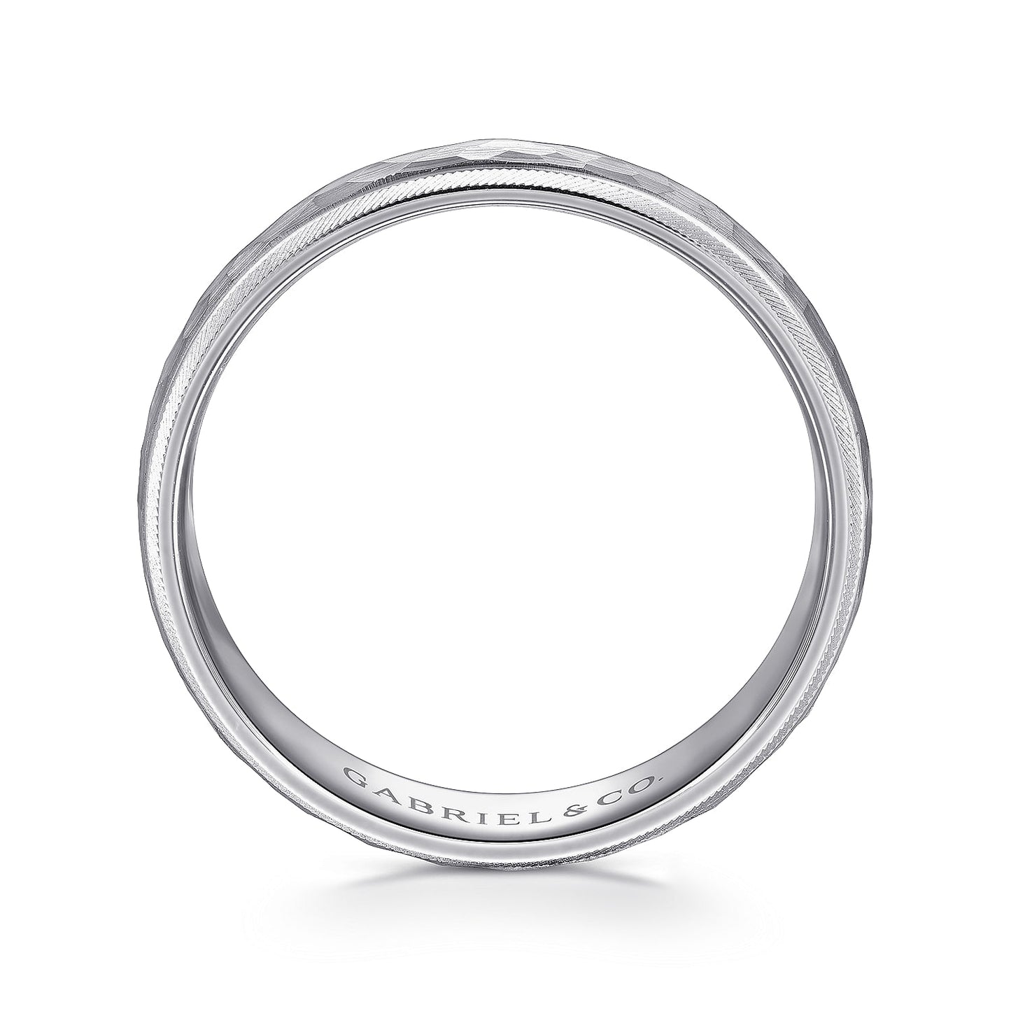 Gabriel & Co White Gold Wedding Band With A Hammered Finished Center And A Diamond Cut Edge - Gold Wedding Bands - Men's
