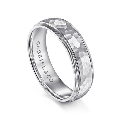 Gabriel & Co White Gold Wedding Band With A Hammered Finished Center And A Diamond Cut Edge - Gold Wedding Bands - Men's