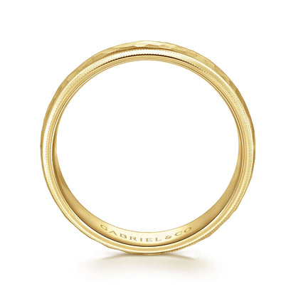 Gabriel & Co Yellow Gold Wedding Band With A Hammered Finished Center And A Diamond Cut Edge - Gold Wedding Bands - Men's