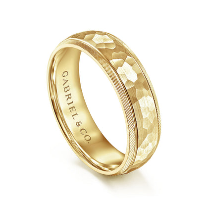 Gabriel & Co Yellow Gold Wedding Band With A Hammered Finished Center And A Diamond Cut Edge - Gold Wedding Bands - Men's