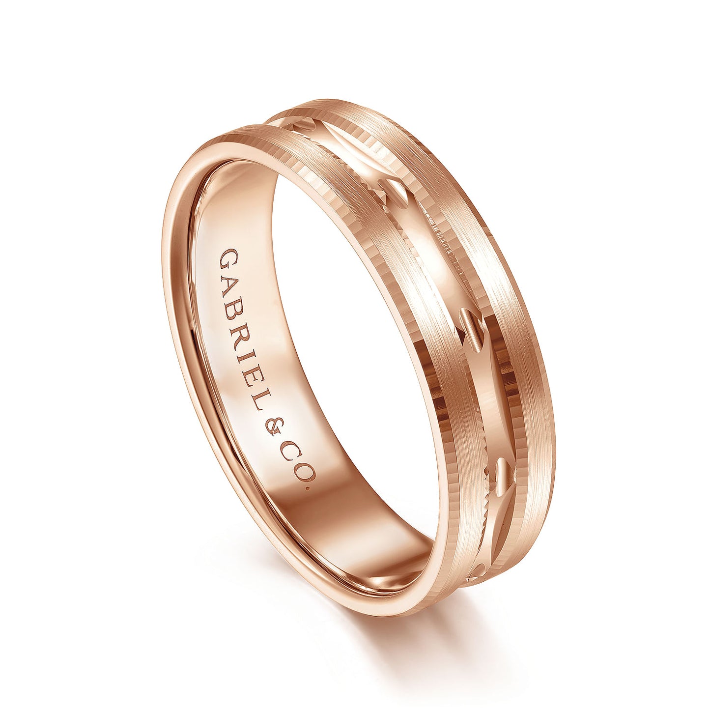 Gabriel & Co Rose Gold Wedding Band With Diamond Cut Design Center And A Satin Finish - Gold Wedding Bands - Men's