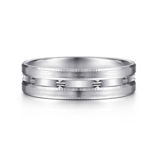 Gabriel & Co White Gold Wedding Band With Diamond Cut Design Center And A Satin Finish - Gold Wedding Bands - Men's