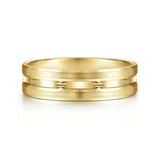 Gabriel & Co Yellow Gold Wedding Band With Diamond Cut Design Center And A Satin Finish - Gold Wedding Bands - Men's