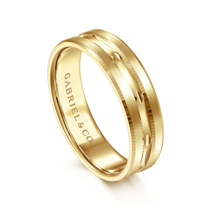 Gabriel & Co Yellow Gold Wedding Band With Diamond Cut Design Center And A Satin Finish - Gold Wedding Bands - Men's