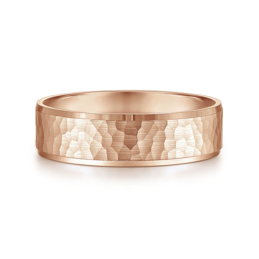 Gabriel & Co Rose Gold Wedding Band With A Hammered Finished Center And A Polished Edge - Gold Wedding Bands - Men's