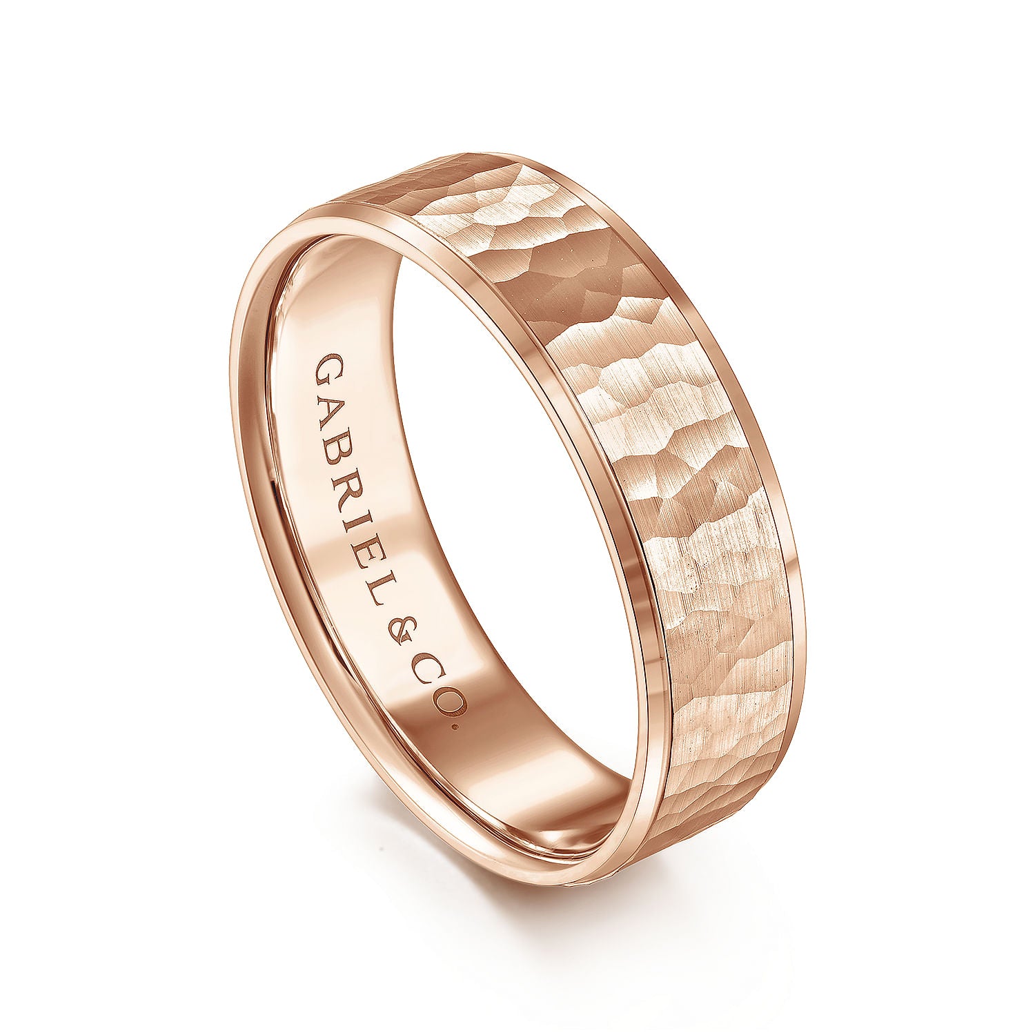 Gabriel & Co Rose Gold Wedding Band With A Hammered Finished Center And A Polished Edge - Gold Wedding Bands - Men's