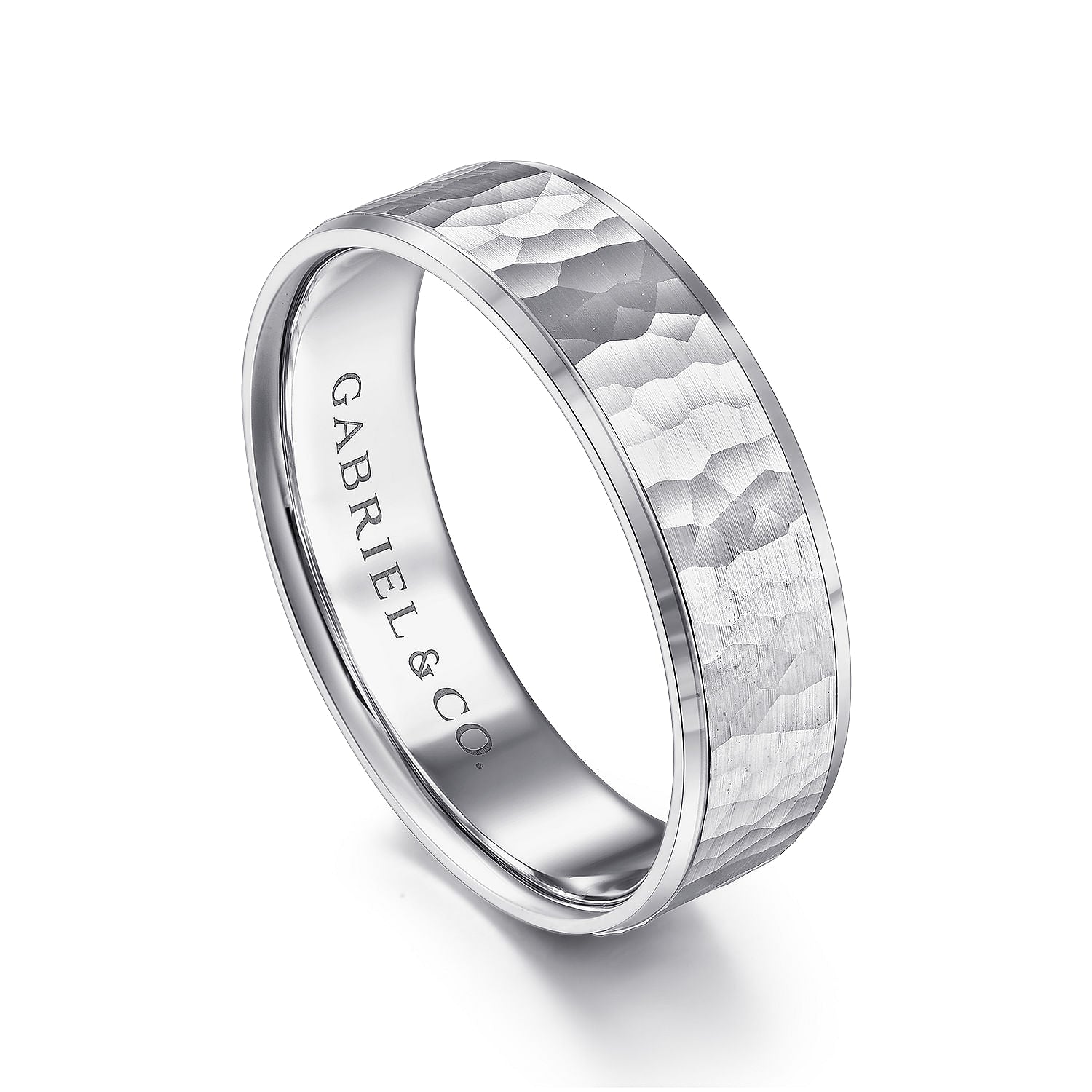 Gabriel & Co White Gold Wedding Band With A Hammered Finished Center And A Polished Edge - Gold Wedding Bands - Men's