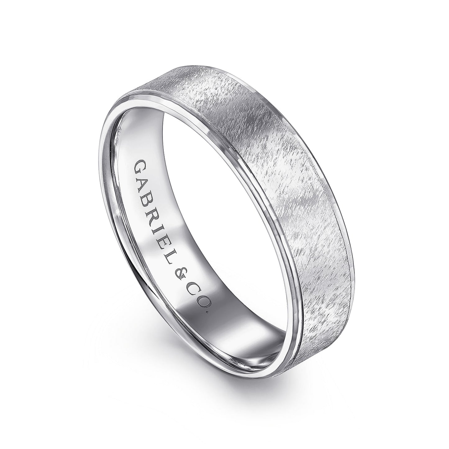 Gabriel & Co White Gold Wedding Band With A Brushed Finished Center And A Beveled Edge - Gold Wedding Bands - Men's