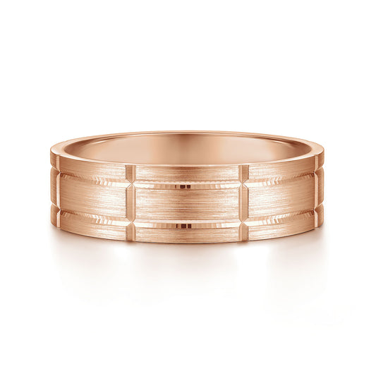 Gabriel & Co Rose Gold Wedding Band With A Grooved Checkered Pattern And Satin Finish - Gold Wedding Bands - Men's