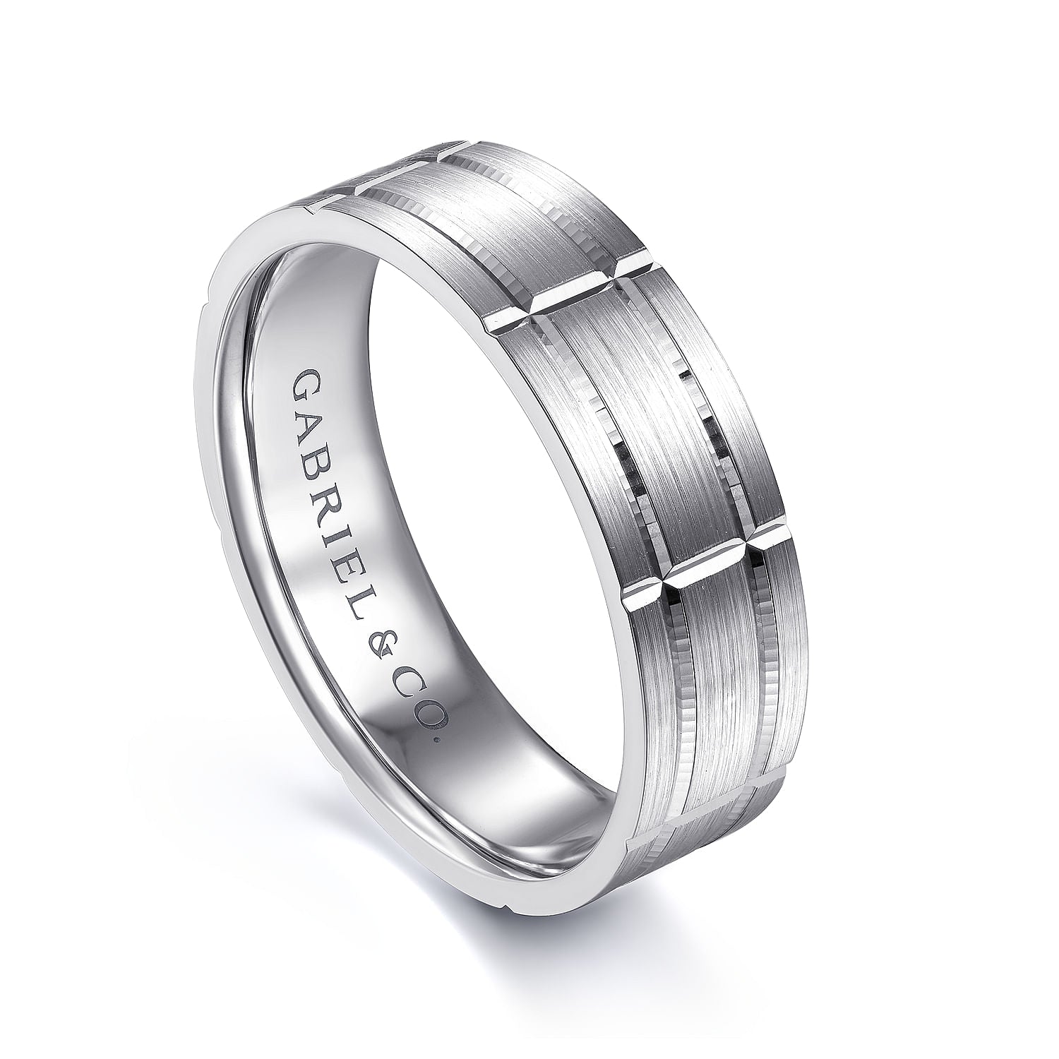 Gabriel & Co White Gold Wedding Band With A Grooved Checkered Pattern And Satin Finish - Gold Wedding Bands - Men's