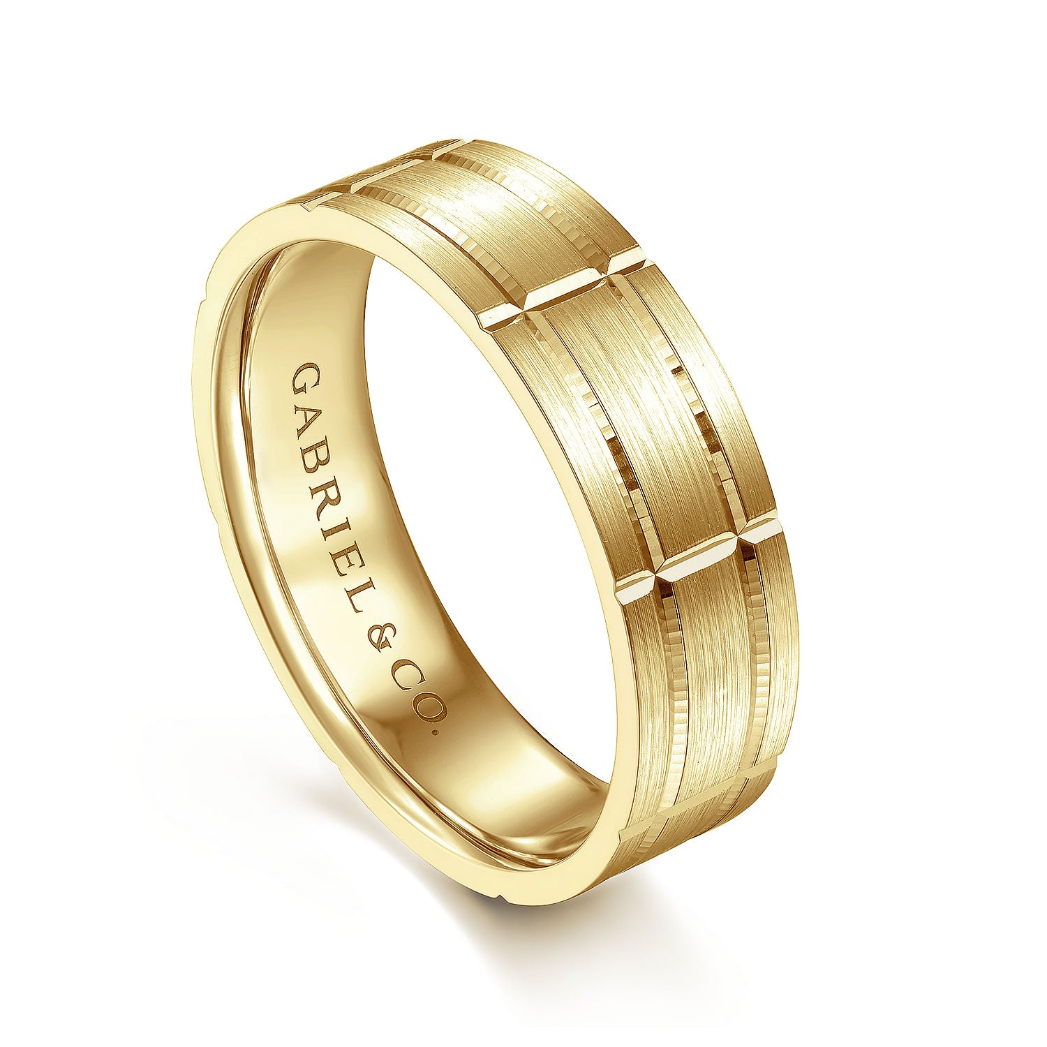 Gabriel & Co Yellow Gold Wedding Band With A Grooved Checkered Pattern And Satin Finish - Gold Wedding Bands - Men's