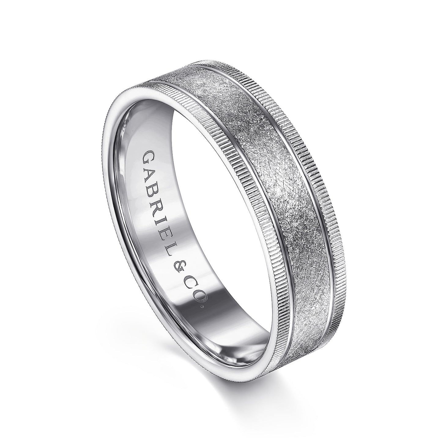 Gabriel & Co White Gold Wedding Band With A Sandblasted Center And Diamond Cut Edges - Gold Wedding Bands - Men's