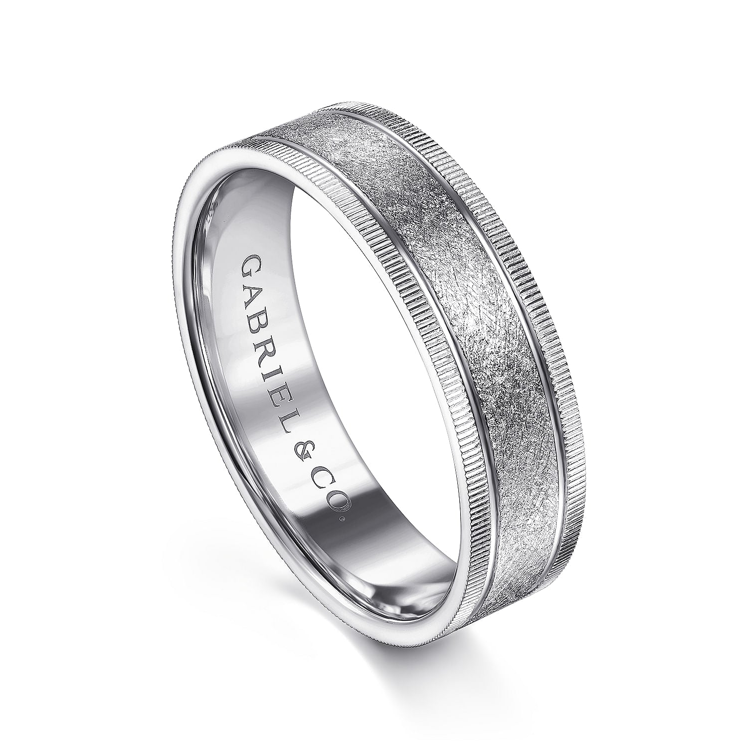 Gabriel & Co White Gold Wedding Band With A Sandblasted Center And Diamond Cut Edges - Gold Wedding Bands - Men's