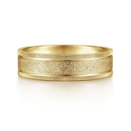 Gabriel & Co Yellow Gold Wedding Band With A Sandblasted Center And Diamond Cut Edges - Gold Wedding Bands - Men's