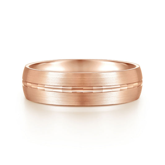 Gabriel & Co Rose Gold Wedding Band With A Stain Finish And A Engraved Channel Center - Gold Wedding Bands - Men's