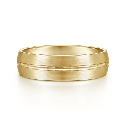 Gabriel & Co Yellow Gold Wedding Band With A Stain Finish And A Engraved Channel Center - Gold Wedding Bands - Men's