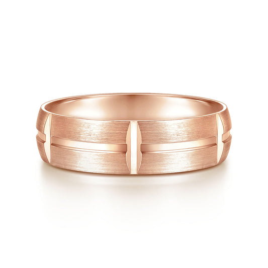 Gabriel & Co Rose Gold Wedding Band With A Satin Finish And Linear Engraved Stations - Gold Wedding Bands - Men's