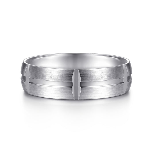 Gabriel & Co White Gold Wedding Band With A Satin Finish And Linear Engraved Stations - Gold Wedding Bands - Men's