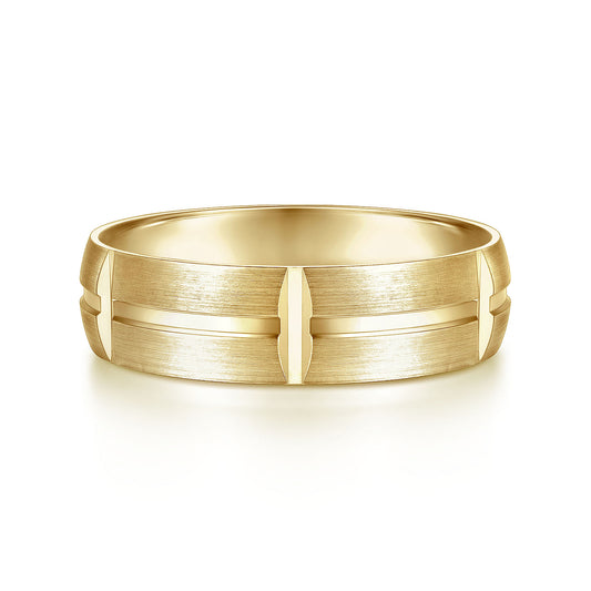 Gabriel & Co Yellow Gold Wedding Band With A Satin Finish And Linear Engraved Stations - Gold Wedding Bands - Men's
