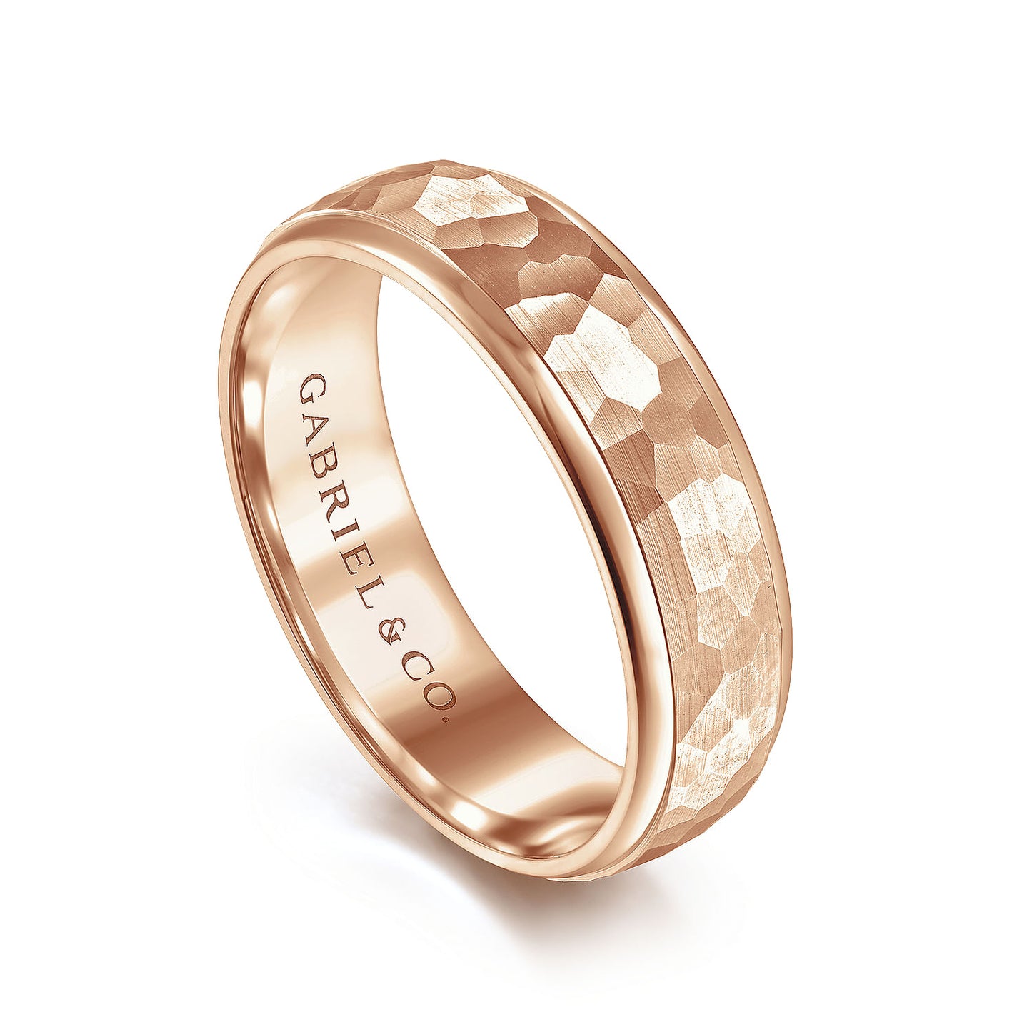 Gabriel & Co Rose Gold Wedding Band With A Hammered Finished Center And Polished Edges - Gold Wedding Bands - Men's
