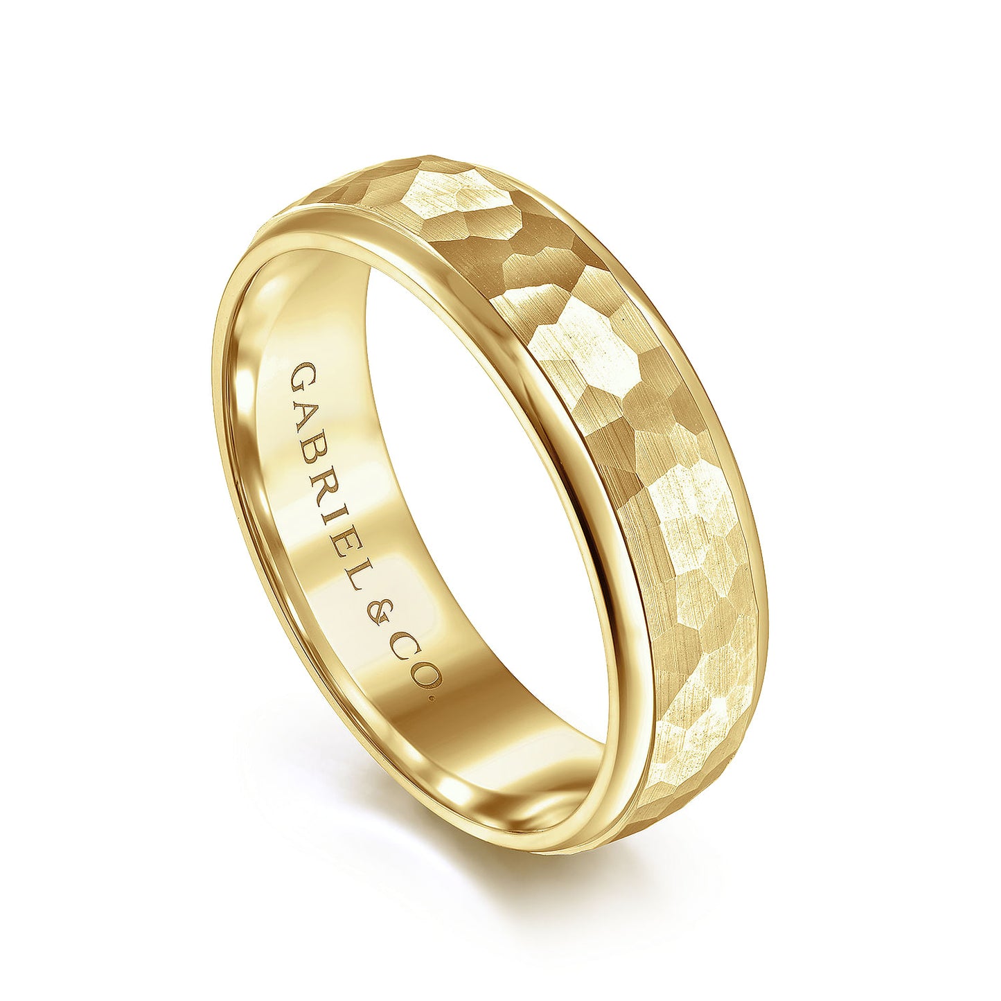 Gabriel & Co Yellow Gold Wedding Band With A Hammered Finished Center And Polished Edges - Gold Wedding Bands - Men's