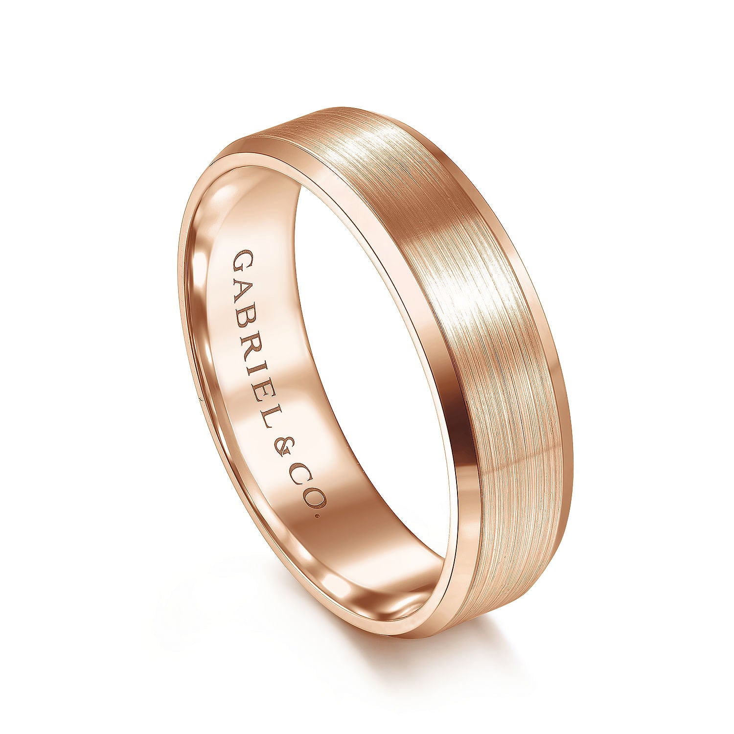 Gabriel & Co Rose Gold Rounded Wedding Band With A Satin Center And Polished Beveled Edges - Gold Wedding Bands - Men's