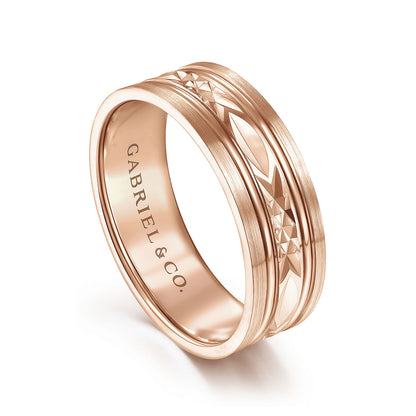 Gabriel & Co Rose Gold Wedding Band With Diamond Cut Center And Satin Finished Edges - Gold Wedding Bands - Men's