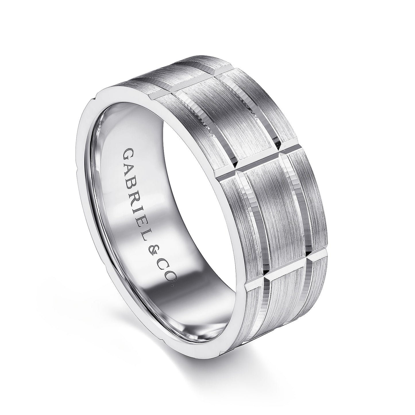 Gabriel & Co White Gold Wedding Band With A Grooved Checkered Pattern And Satin Finish - Gold Wedding Bands - Men's