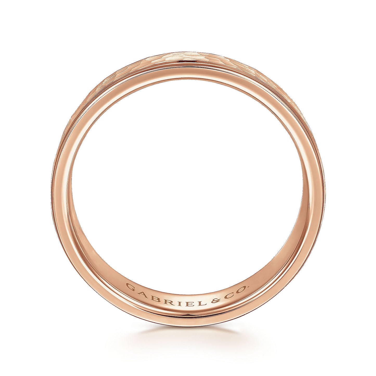 Gabriel & Co Rose Gold Wedding Band With A Hammered Finished Center And A Rounded Polished Edge - Gold Wedding Bands - Men's