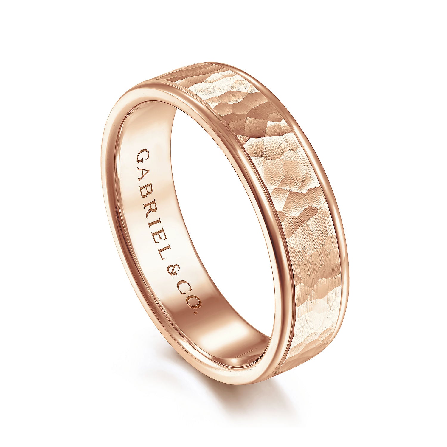 Gabriel & Co Rose Gold Wedding Band With A Hammered Finished Center And A Rounded Polished Edge - Gold Wedding Bands - Men's