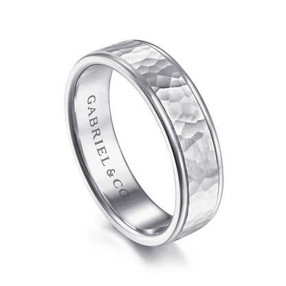 Gabriel & Co White Gold Wedding Band With A Hammered Finished Center And A Rounded Polished Edge - Gold Wedding Bands - Men's