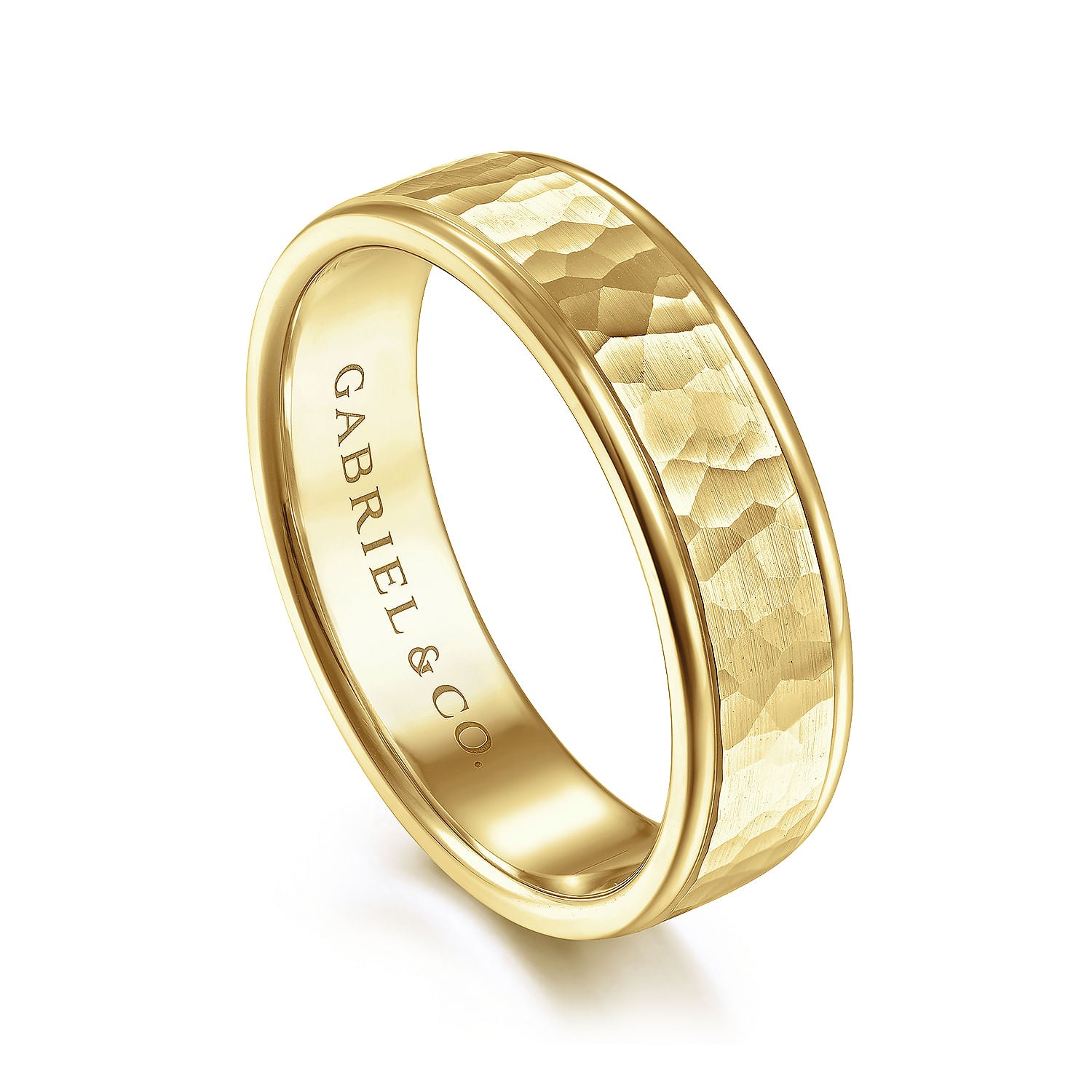 Gabriel & Co Yellow Gold Wedding Band With A Hammered Finished Center And A Rounded Polished Edge - Gold Wedding Bands - Men's