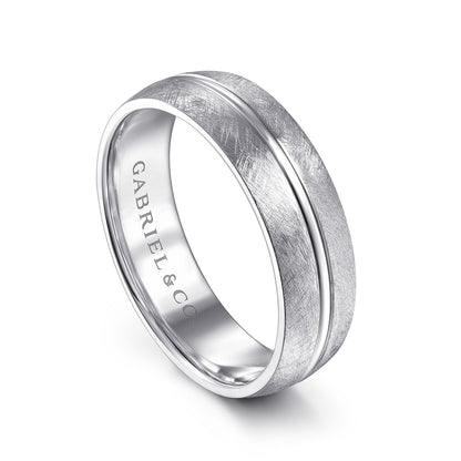 Gabriel & Co White Gold Wedding Band With A Polished Center Accent And A Brushed Texture - Gold Wedding Bands - Men's