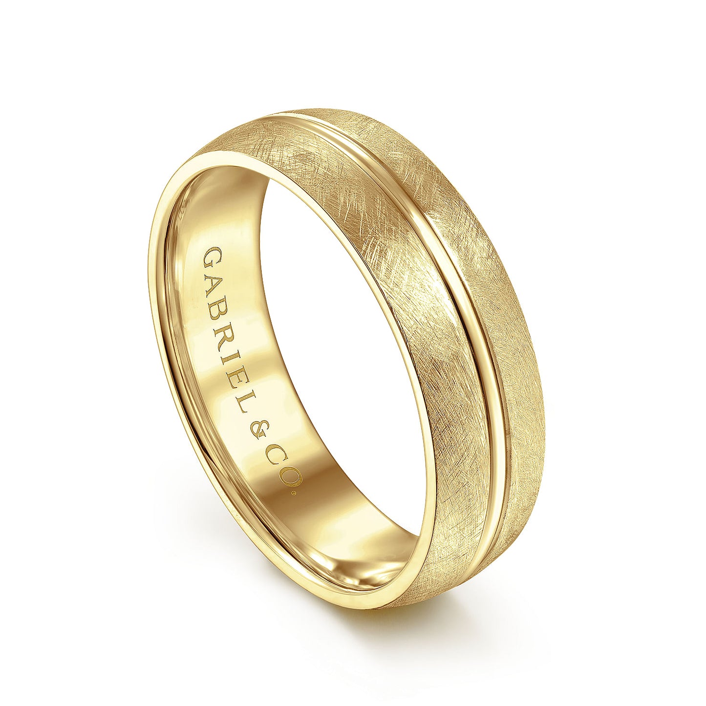 Gabriel & Co Yellow Gold Wedding Band With A Polished Center Accent And A Brushed Texture - Gold Wedding Bands - Men's