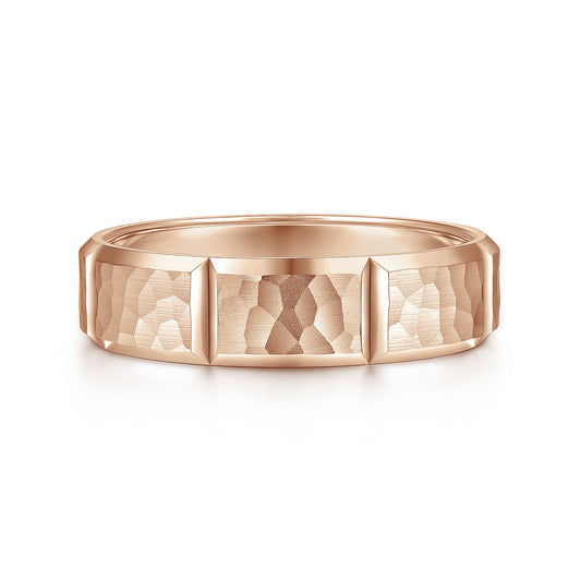 Gabriel & Co Rose Gold Wedding Band With A Hammered Finish And Vertical Diamond Cuts - Gold Wedding Bands - Men's