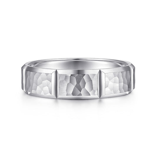 Gabriel & Co White Gold Wedding Band With A Hammered Finish And Vertical Diamond Cuts - Gold Wedding Bands - Men's