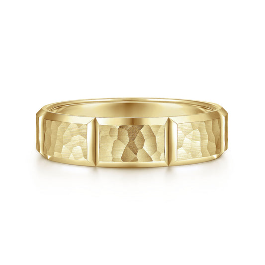 Gabriel & Co Yellow Gold Wedding Band With A Hammered Finish And Vertical Diamond Cuts - Gold Wedding Bands - Men's