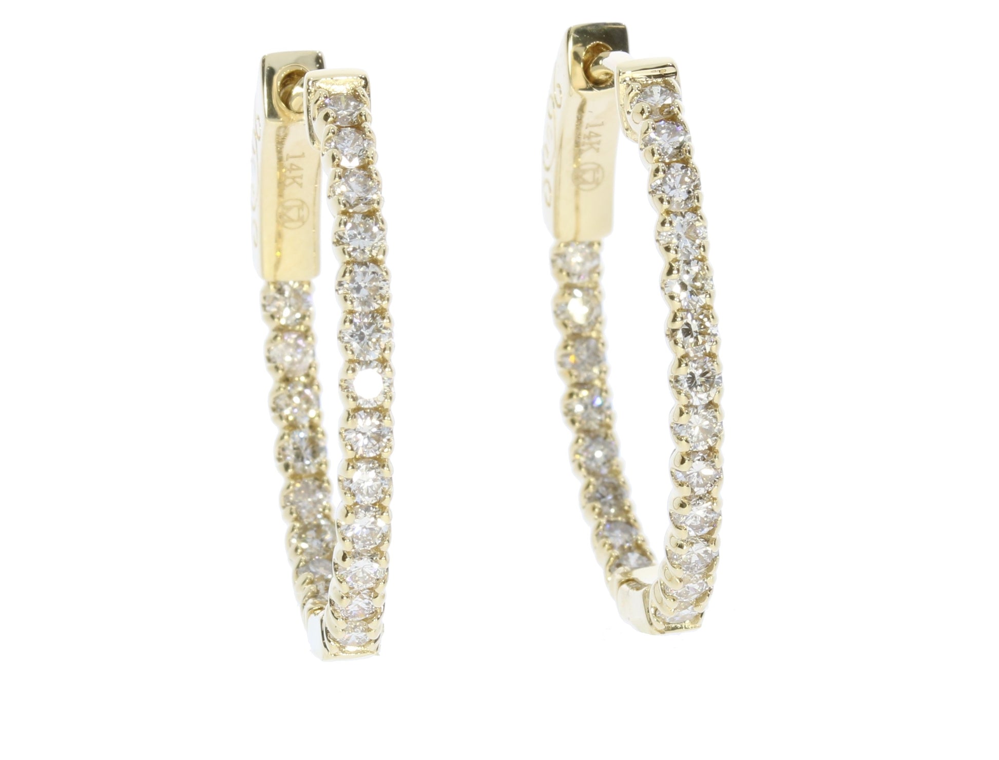 Ladies Yellow Gold One Carat Oval Hoop Earrings - Diamond Earrings